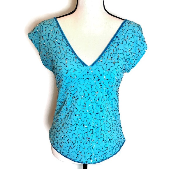 Vintage Tops - NWT VINTAGE Aqua Sleeveless Sequin & Beaded Top